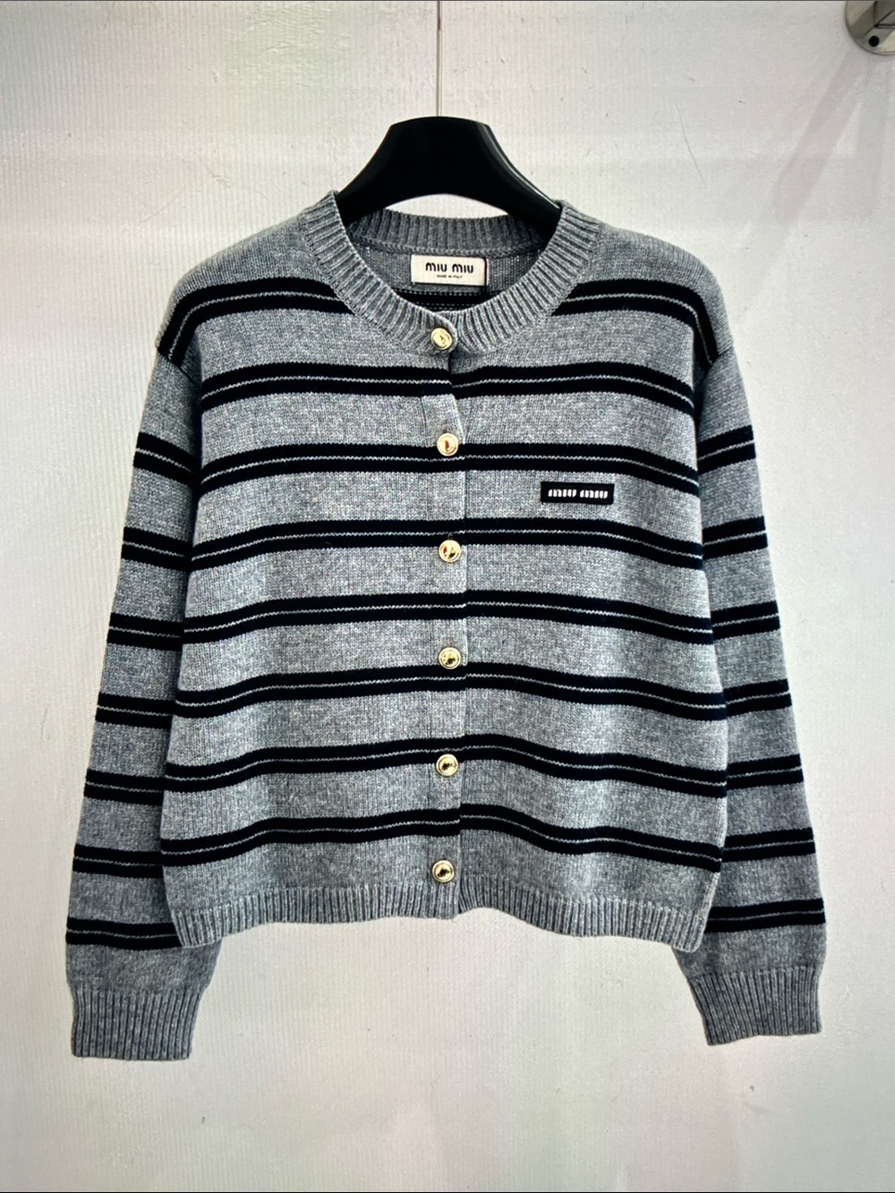 Miu Miu Gray Crewneck Sweater with Navy Stripes